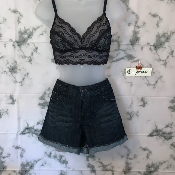 Folded Cuff Raw Edge 5 Pocket Dark Wash Denim Shorts - Picture 1 of 16